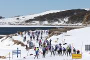 Skiers Head out Dam Wall Image